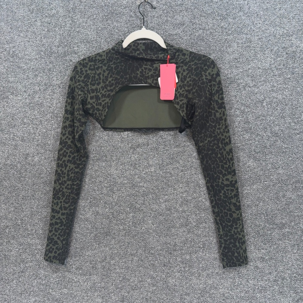 Maje x Varley Shirt Women Small Green Leopard Print Shrug Stretch Long Slv NEW